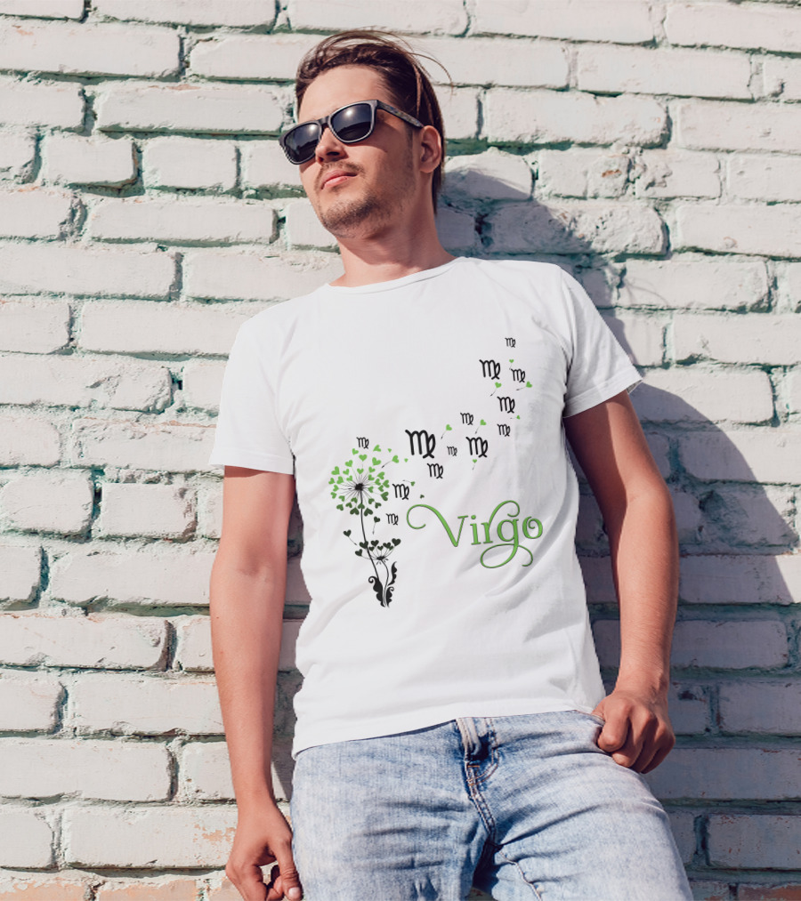 Virgo Zodiac Symbol Flower With Green Heart Leaves T-Shirt
