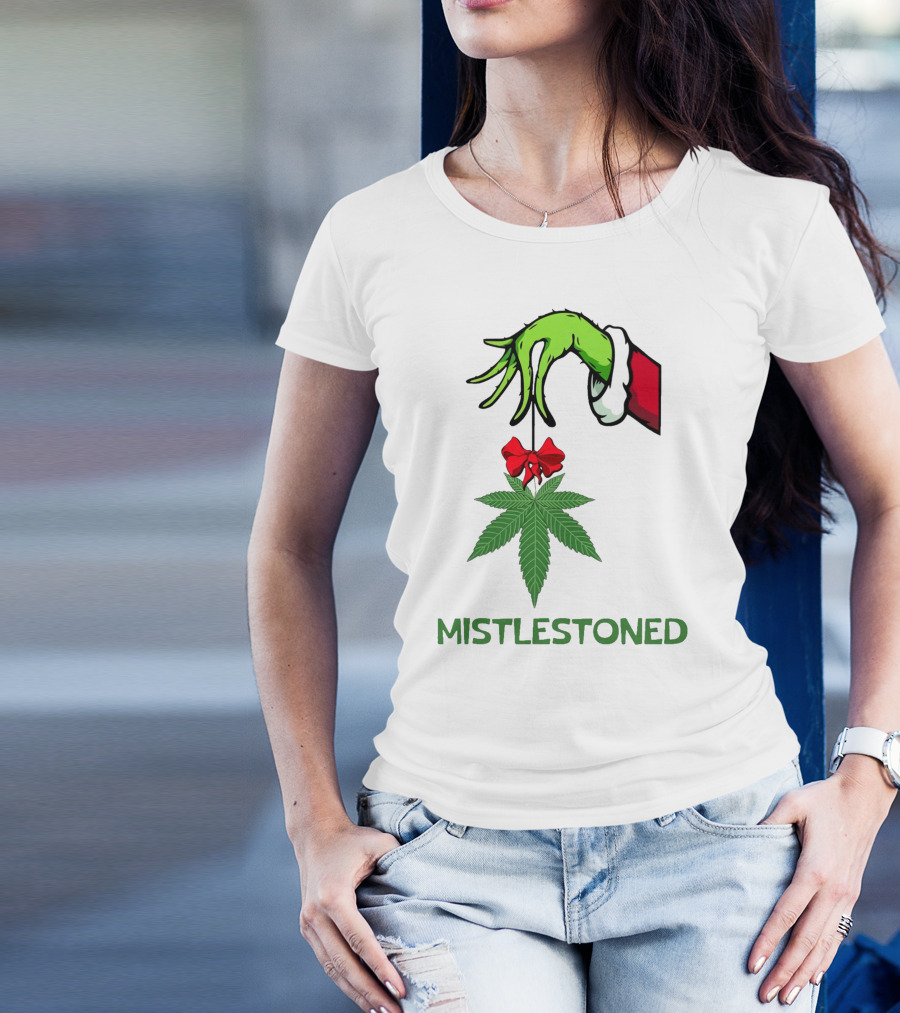 Mistlestoned Grinch Hand Holding Marijuana Leaf Christmas T-Shirt