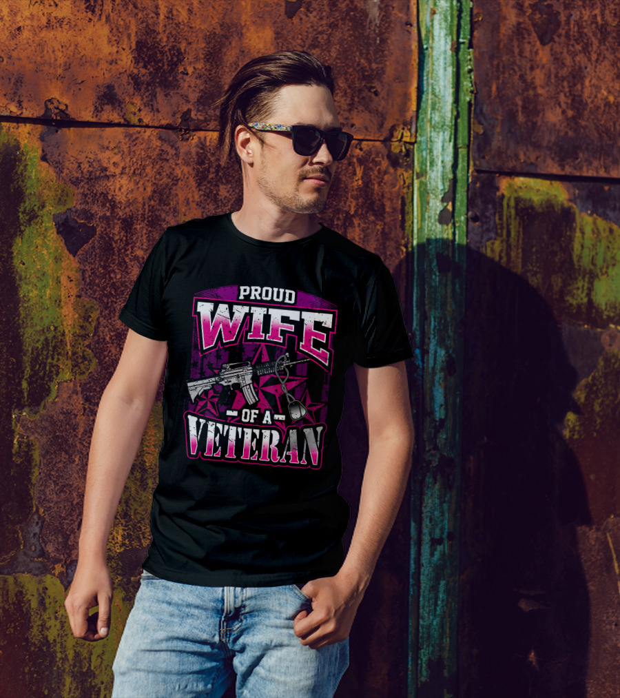 Proud Wife Of A Veteran Military Wife Rifle And Dog Tags Stars Background T-Shirt
