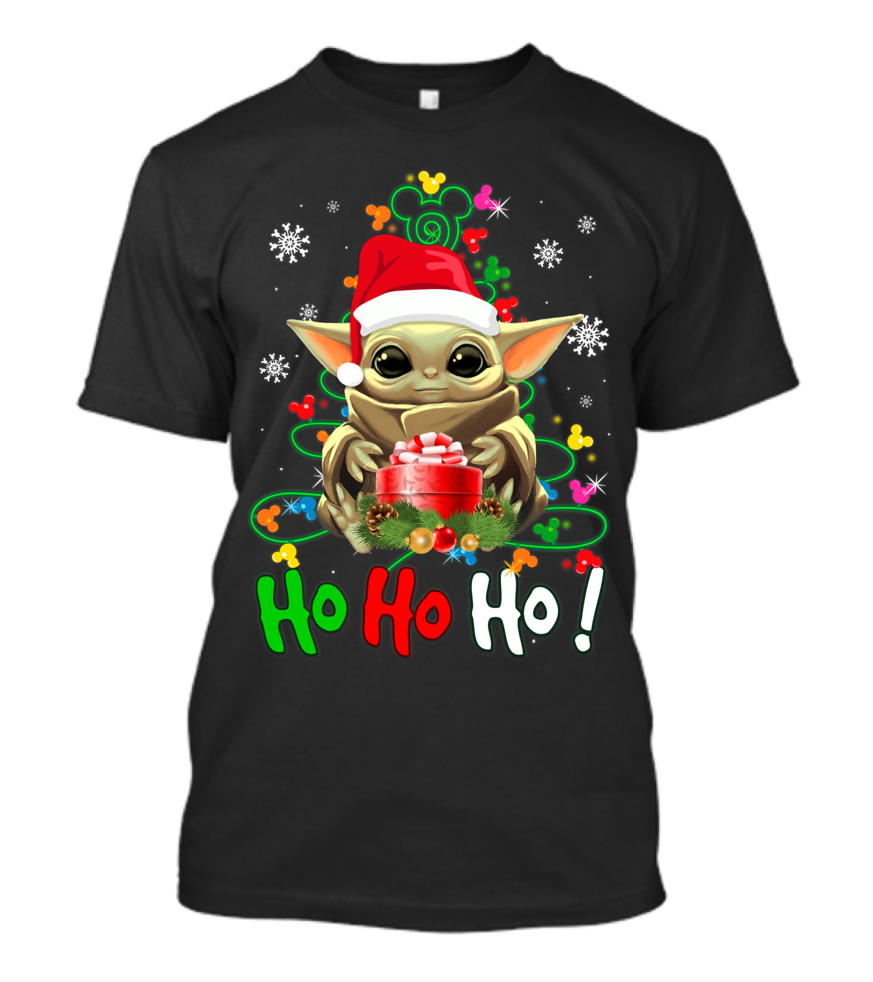 Ho Ho Ho Baby Yoda Christmas Santa Hat Gift Snowflakes T-Shirt
