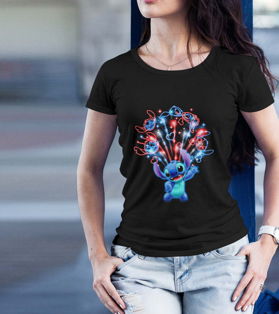 Stitch Magic Fireworks Burst Hearts And Glasses T-Shirt