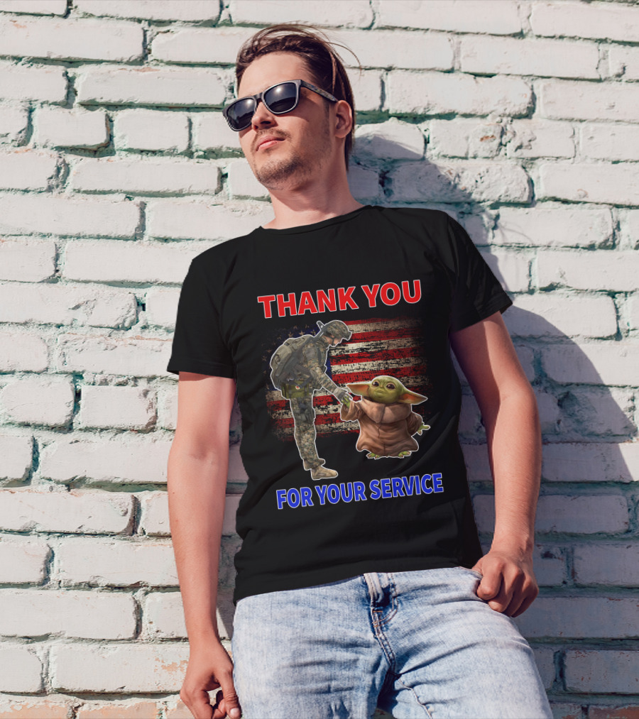 THANK YOU FOR YOUR SERVICE BABY YODA AMERICAN FLAG SOLDIER HANDSHAKE T-Shirt