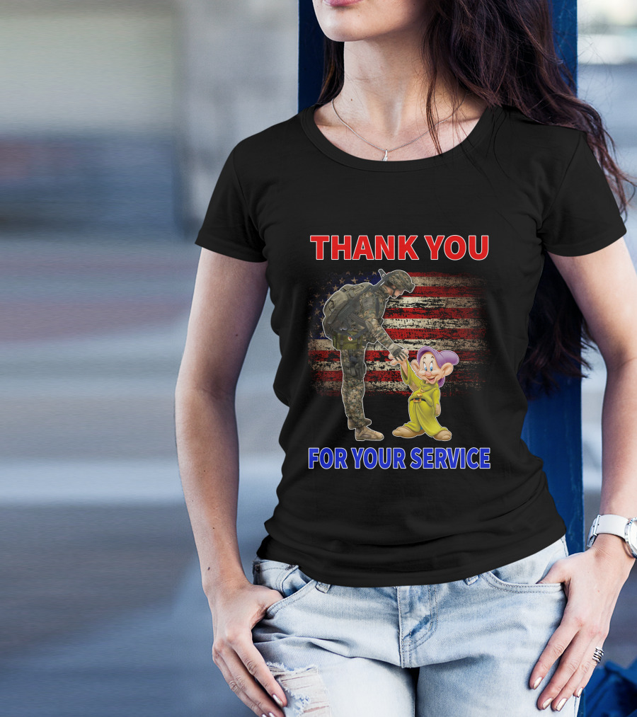 Thank You For Your Service With Soldier And Dopey American Flag Background T-Shirt