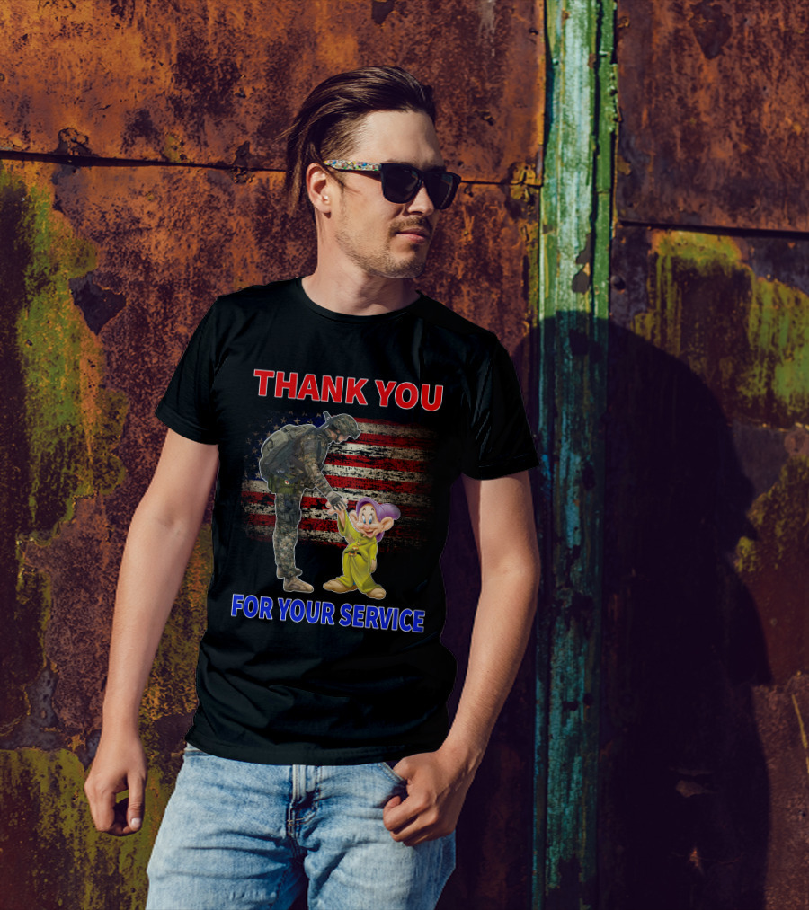 Thank You For Your Service With Soldier And Dopey American Flag Background T-Shirt