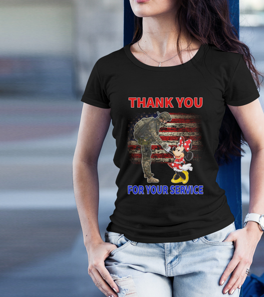 Thank You For Your Service Soldier And Minnie Mouse With American Flag Background T-Shirt