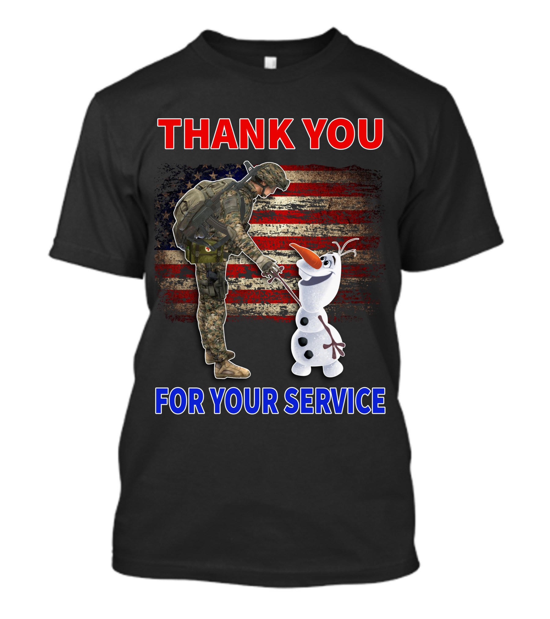Thank You For Your Service Soldier With Olaf And American Flag T-Shirt