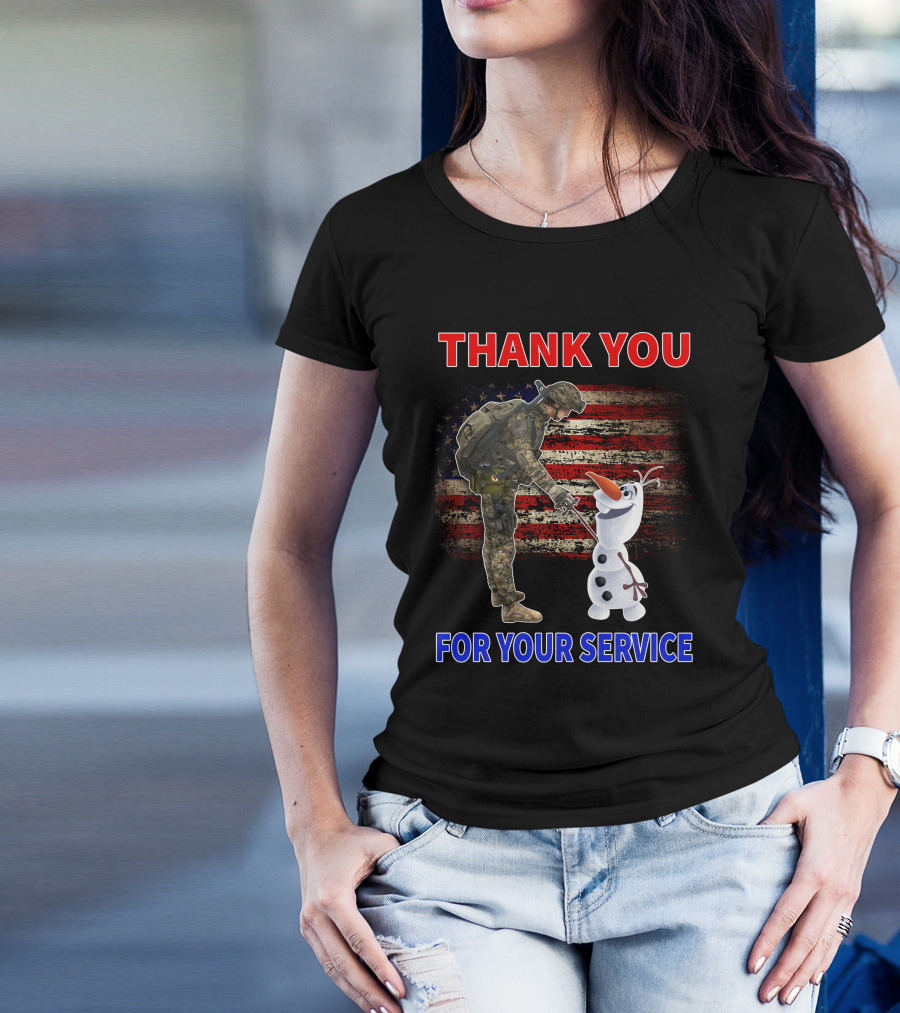 Thank You For Your Service Soldier With Olaf And American Flag T-Shirt