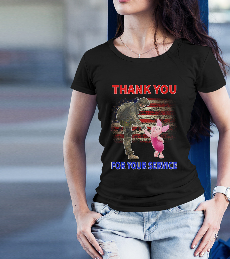 Thank You For Your Service Piglet Soldier American Flag T-Shirt