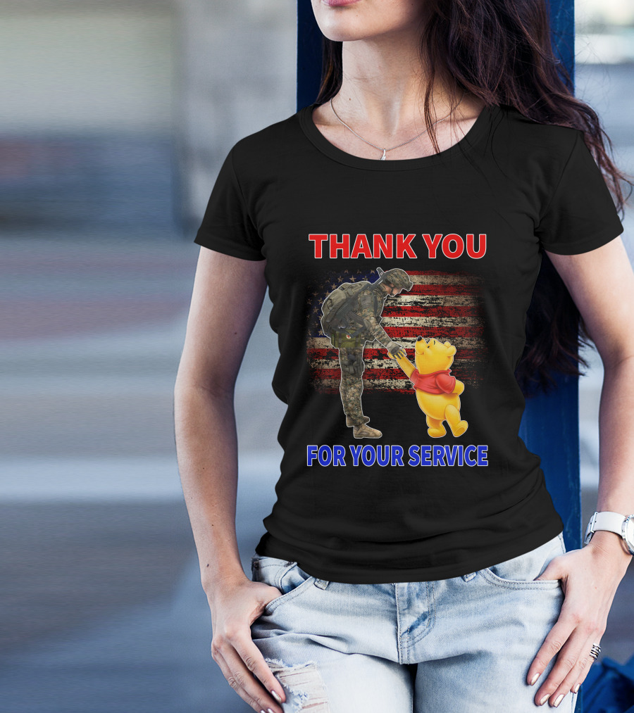 Thank You For Your Service Soldier And Pooh With American Flag Background T-Shirt