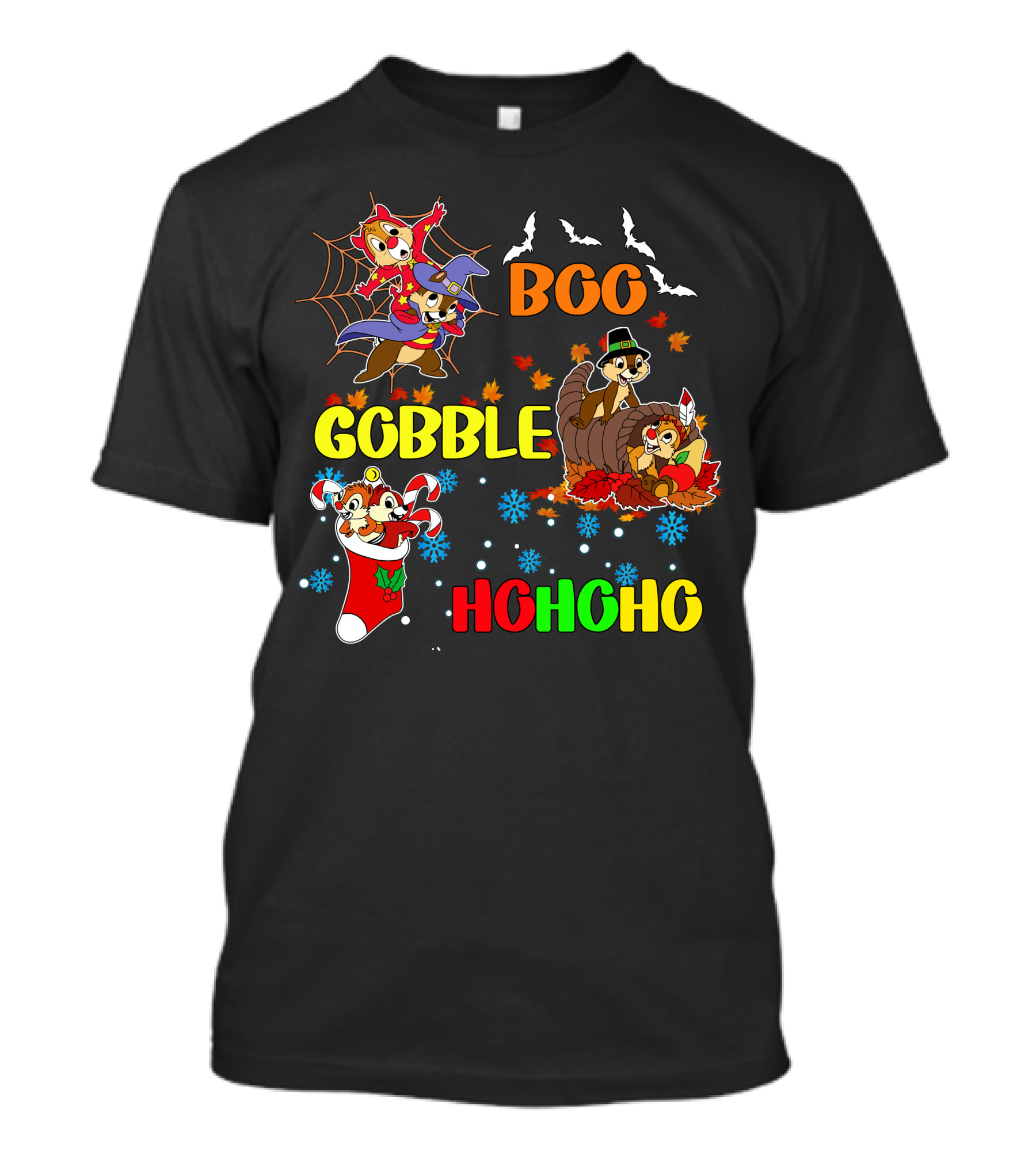 Chip And Dale Boo Gobble HoHoHo Halloween Thanksgiving Christmas T-Shirt