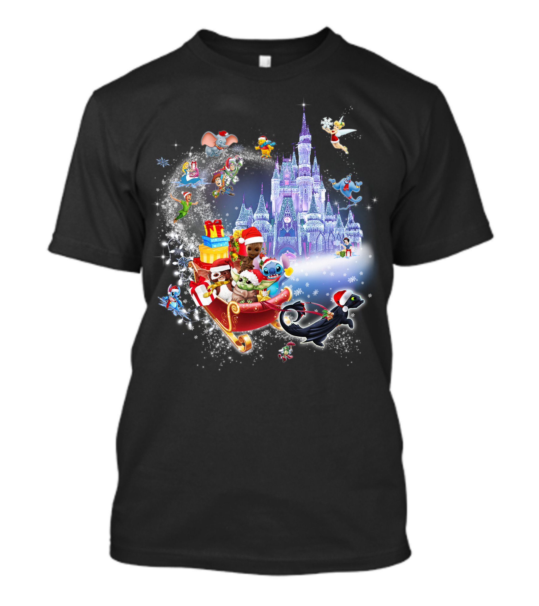 Baby Yoda Christmas Disney Castle Santa Sleigh Tinker Bell Stitch Dumbo Gifts T-Shirt