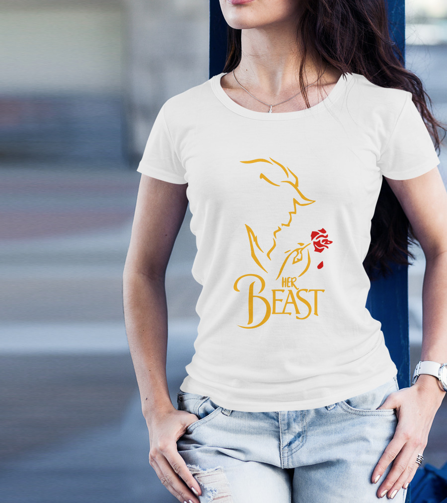 Her Beast Silhouette With Red Rose Beauty And The Beast T-Shirt