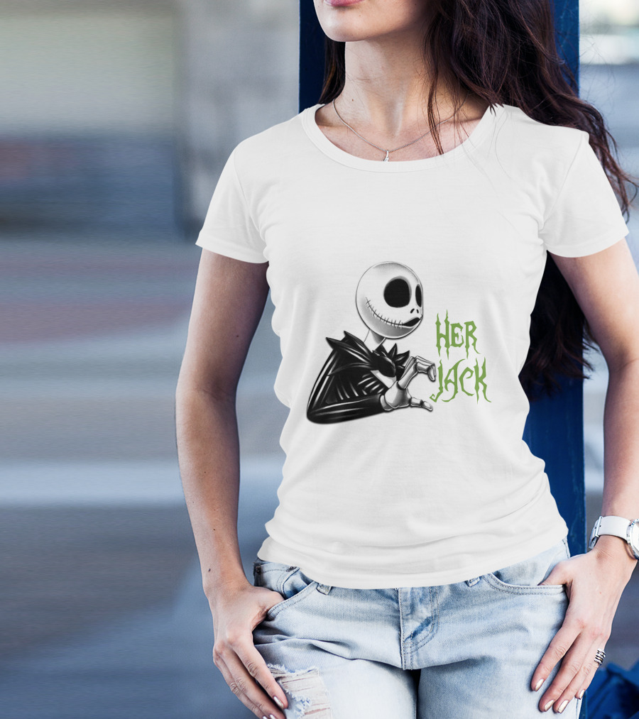 HER JACK SKELETON CHARACTER SKETCH BLACK AND WHITE GREEN LETTERING T-Shirt