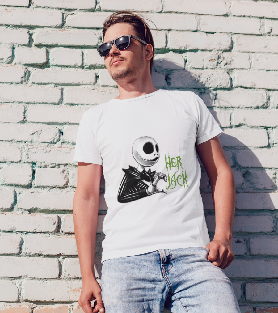 HER JACK SKELETON CHARACTER SKETCH BLACK AND WHITE GREEN LETTERING T-Shirt