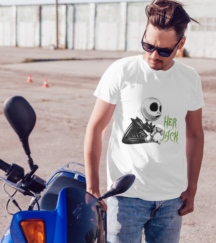 HER JACK SKELETON CHARACTER SKETCH BLACK AND WHITE GREEN LETTERING T-Shirt