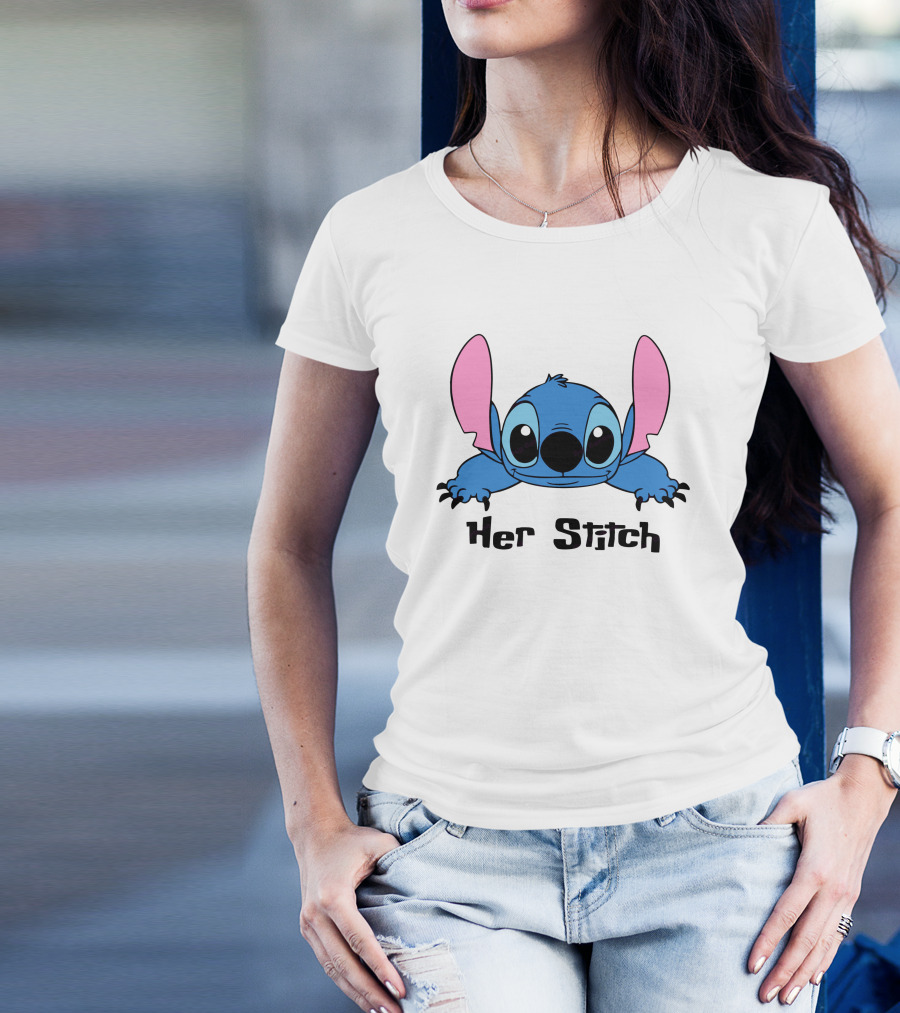 Her Stitch Cute Blue Alien Character Peeking T-Shirt