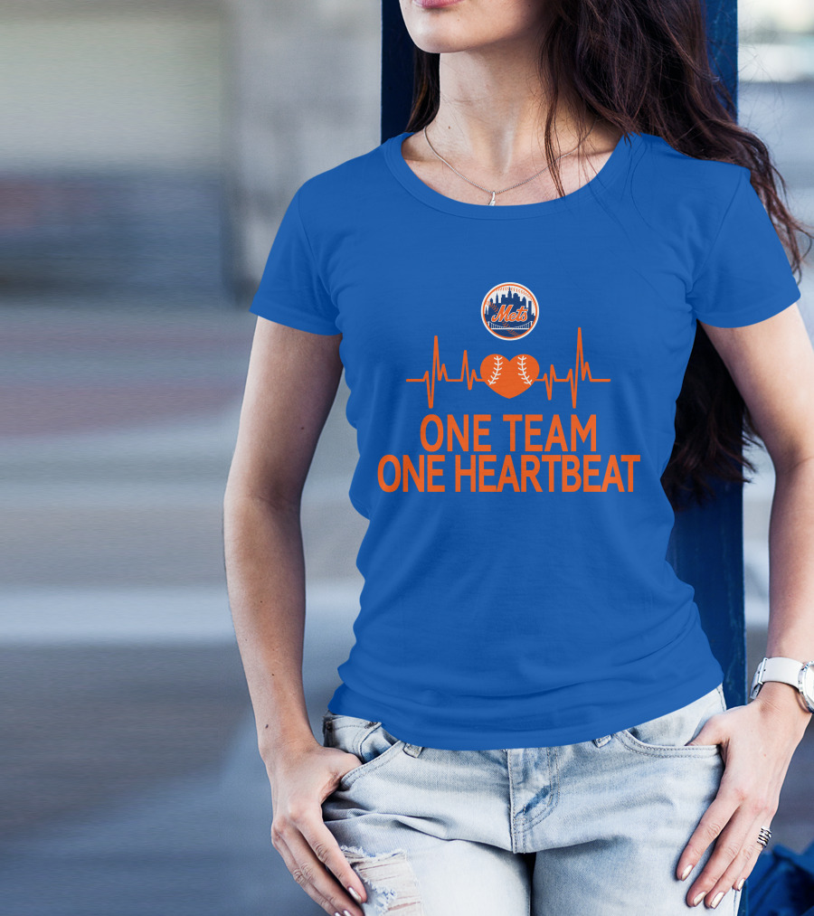 New York Mets One Team One Heartbeat Heartbeat Baseball T-Shirt