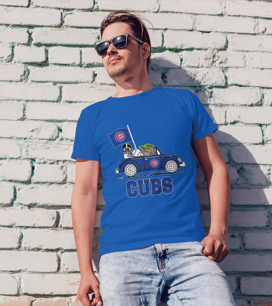 Chicago Cubs Darth Vader Baby Yoda Driving Star Wars Crossover T-Shirt