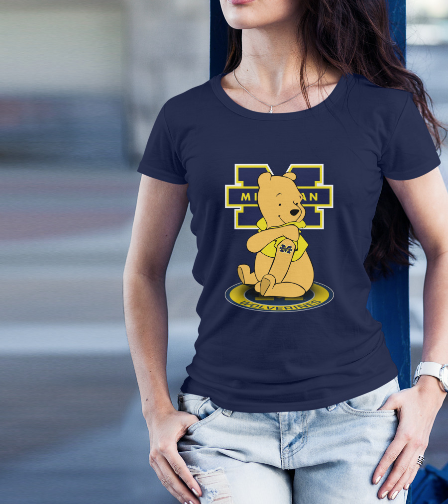 Michigan Wolverines Pooh Bear Sitting On Logo Badge T-Shirt
