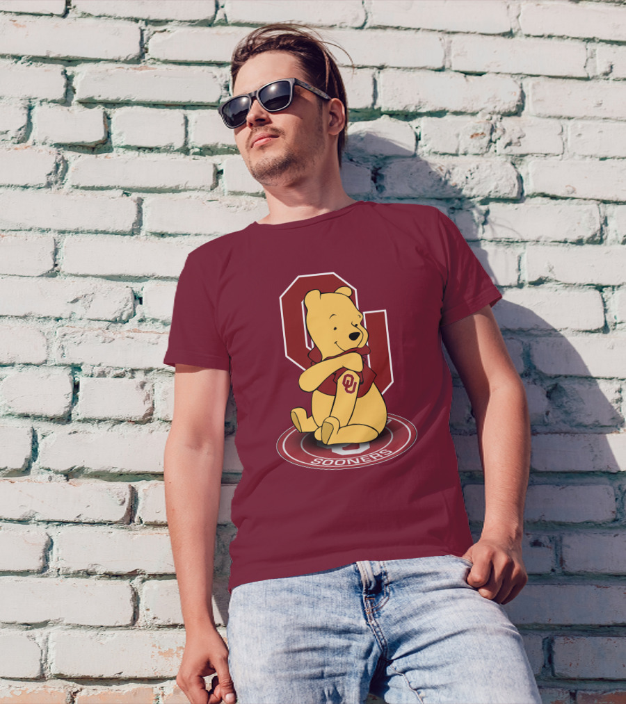 Winnie The Pooh With Oklahoma Sooners Logo And Letterman Jacket T-Shirt