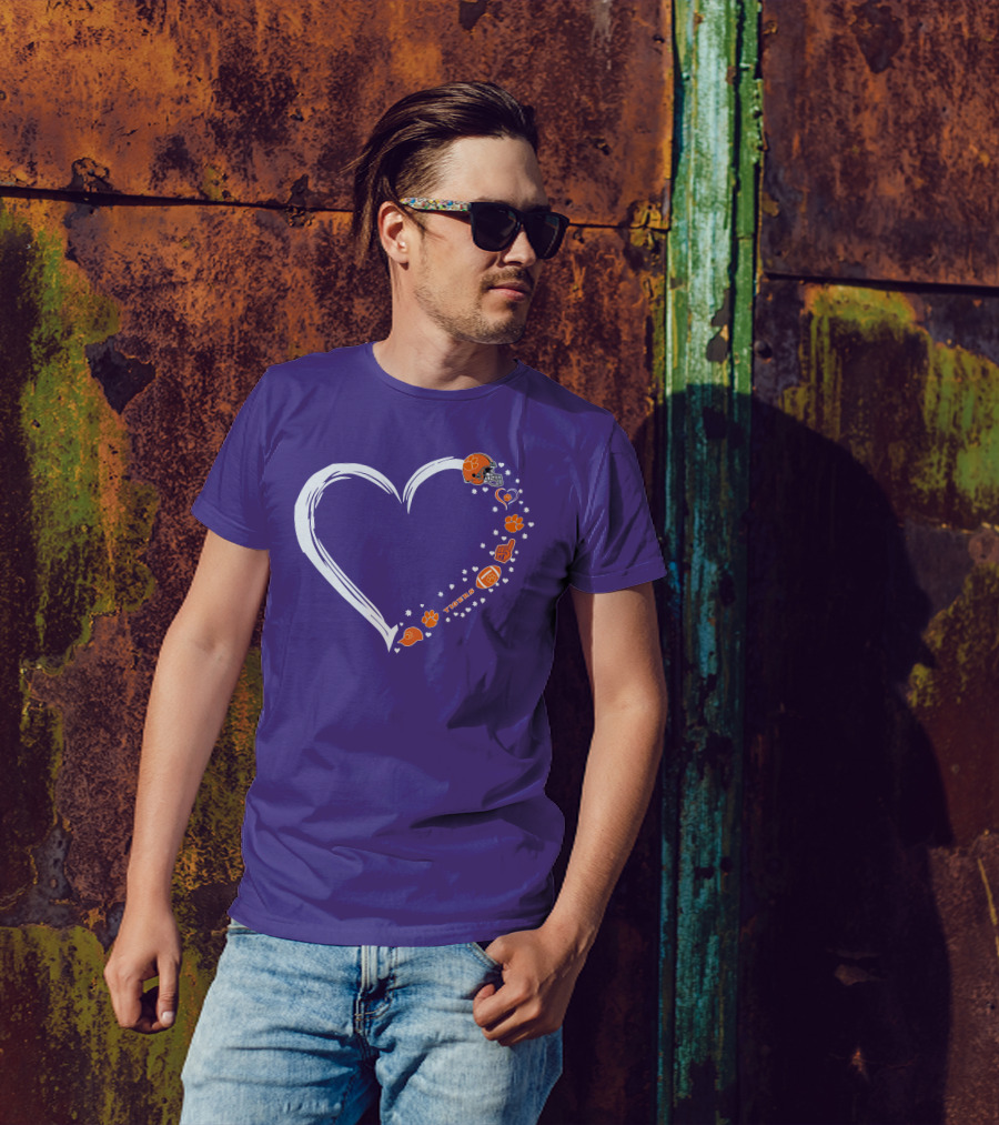 Clemson Tigers Heart Helmet Paws Football Fan Love T-Shirt