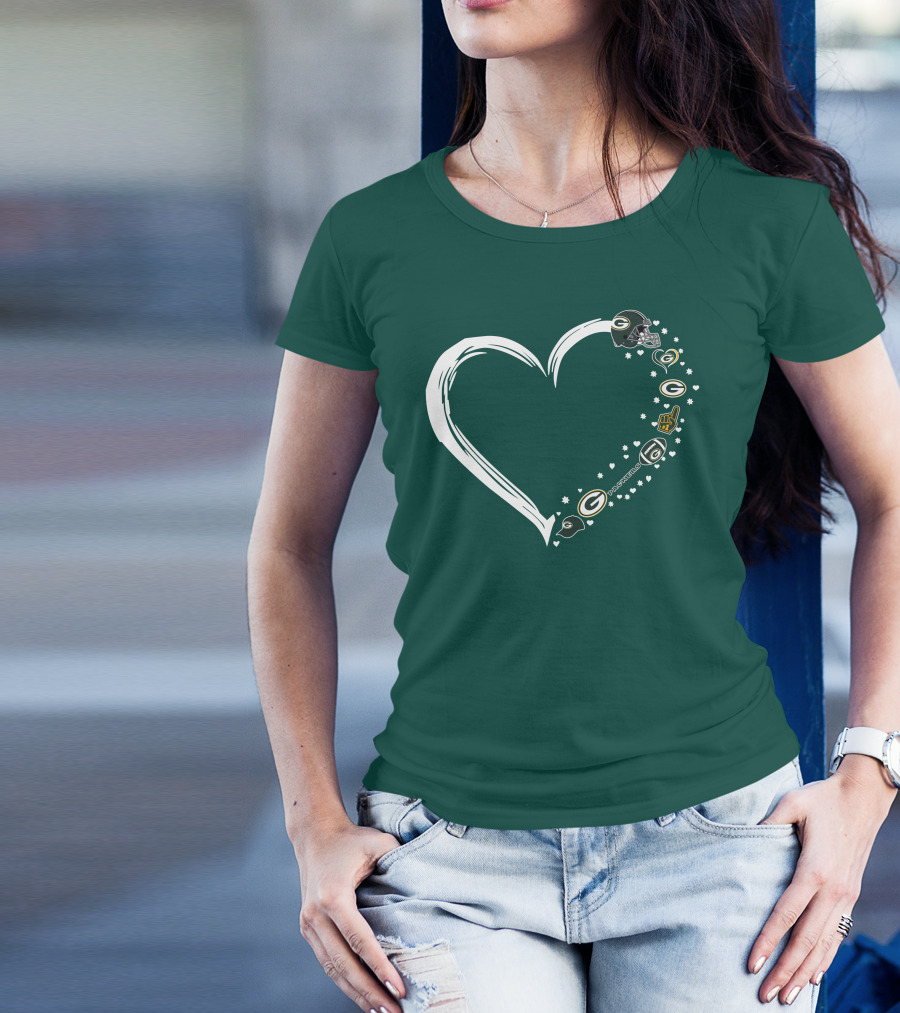 Green Bay Packers Heart With Logos And Helmet T-Shirt