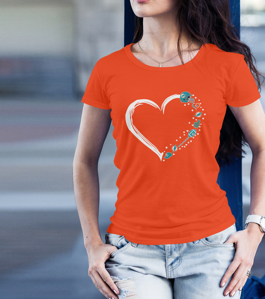 Miami Dolphins Heart Design With Helmets T-Shirt