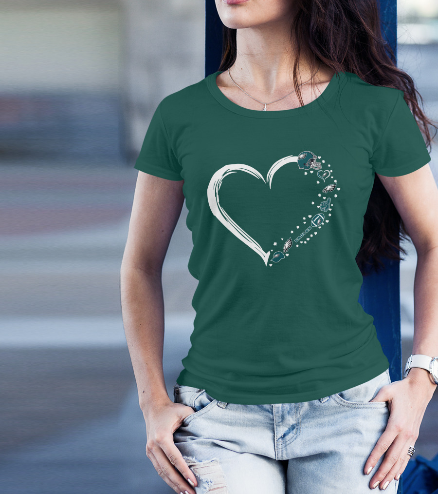 Philadelphia Eagles Heart Design With Logo And Helmet Elements T-Shirt