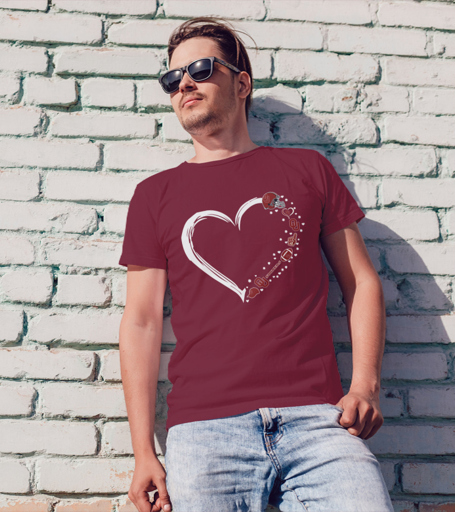 Oklahoma Sooners Heart Design With Helmets And Footballs T-Shirt