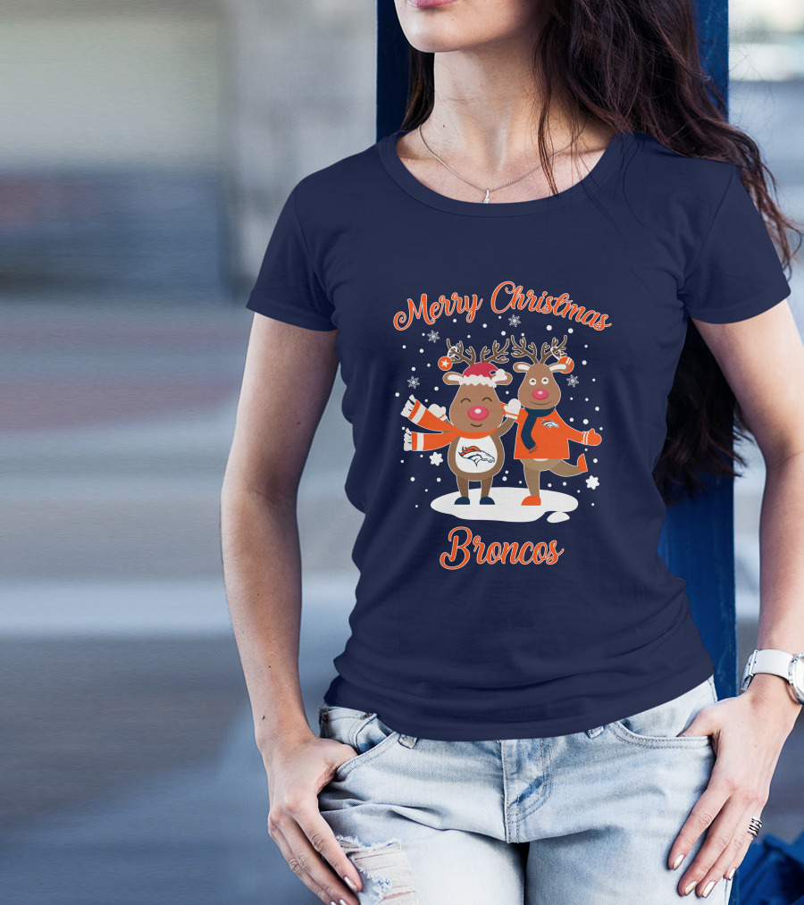 Merry Christmas Broncos Reindeer Snowflakes T-Shirt