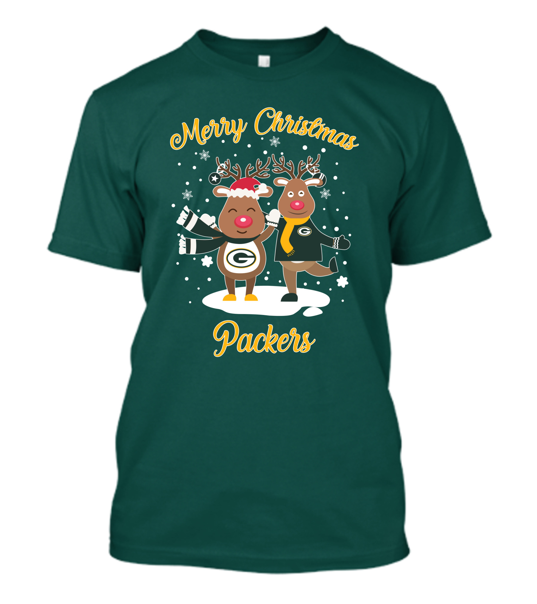 Merry Christmas Packers Reindeer With Green Bay Logo Winter Scene T-Shirt
