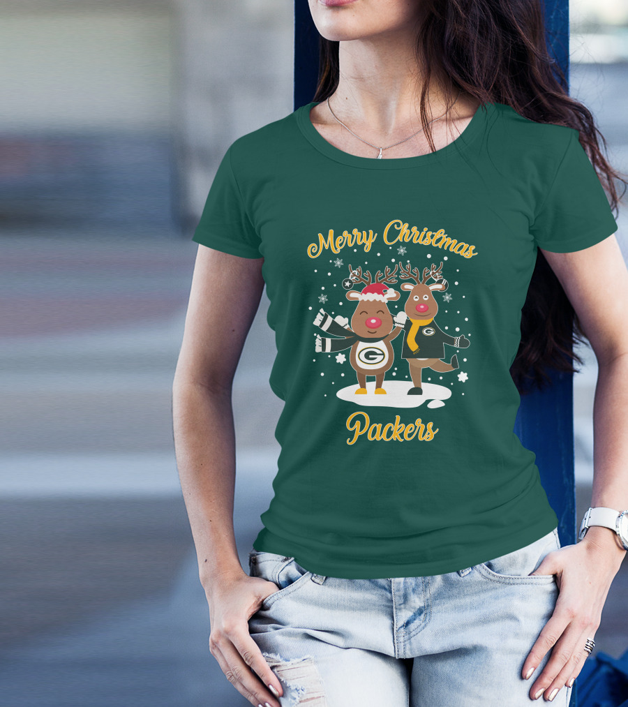 Merry Christmas Packers Reindeer With Green Bay Logo Winter Scene T-Shirt