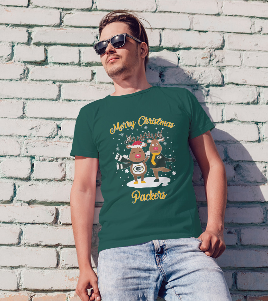 Merry Christmas Packers Reindeer With Green Bay Logo Winter Scene T-Shirt