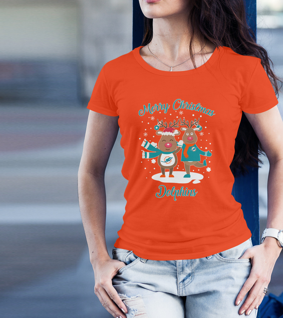 Merry Christmas Dolphins Reindeer Snowflakes T-Shirt