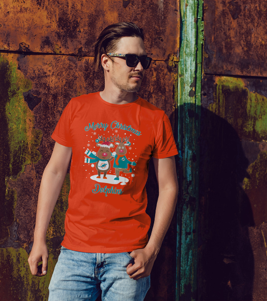 Merry Christmas Dolphins Reindeer Snowflakes T-Shirt