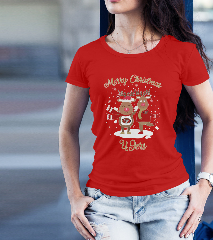 Merry Christmas 49ers Reindeer Festive Holiday T-Shirt