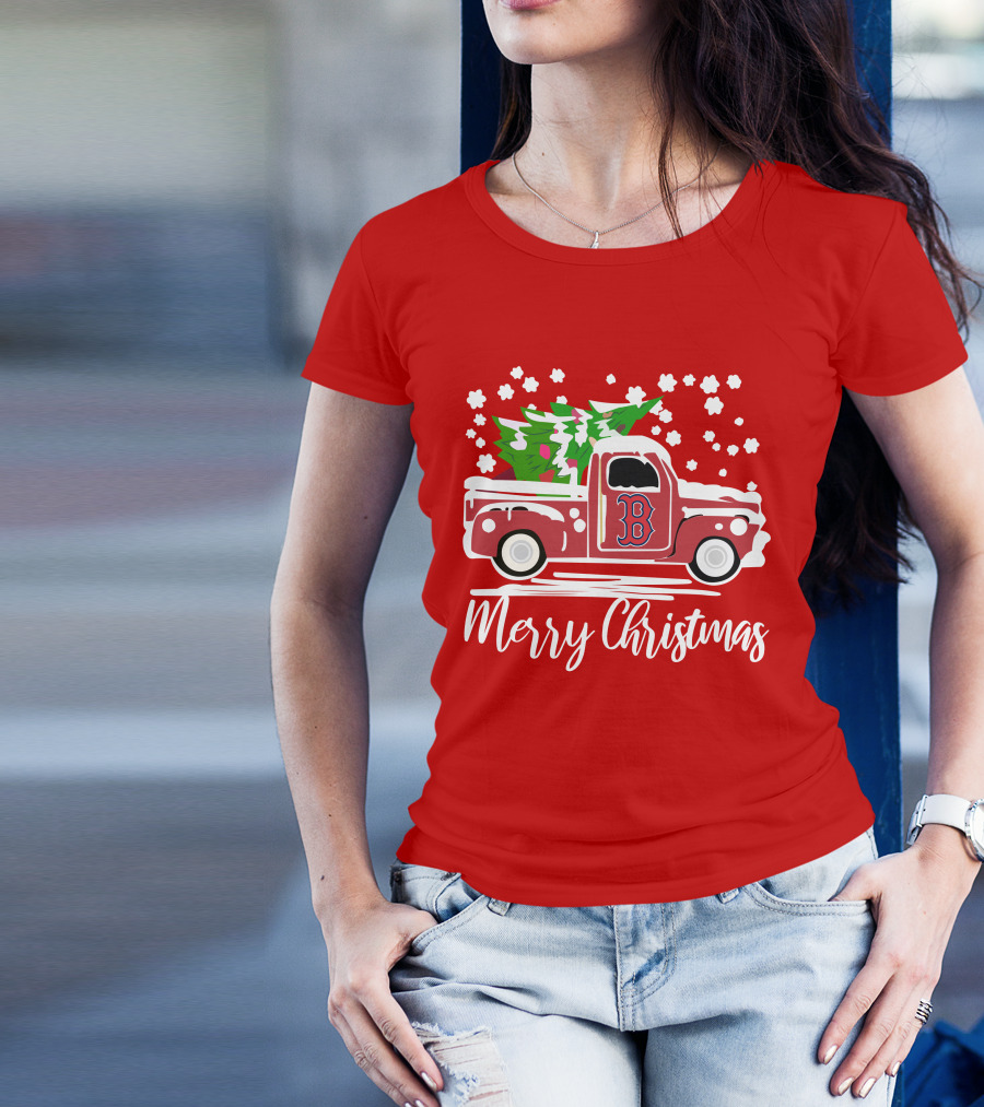 Boston Red Sox B Vintage Car Merry Christmas Tree Snowflakes T-Shirt