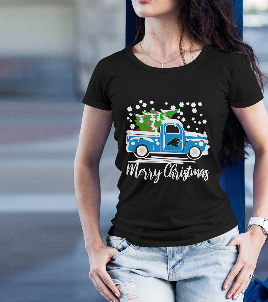 Carolina Panthers Vintage Truck Merry Christmas Snowflakes Tree T-Shirt