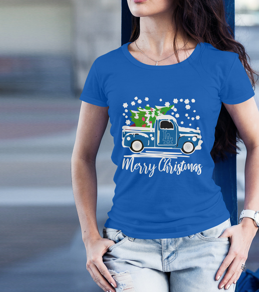 Los Angeles Dodgers LA Vintage Car Merry Christmas Snowflakes Tree T-Shirt
