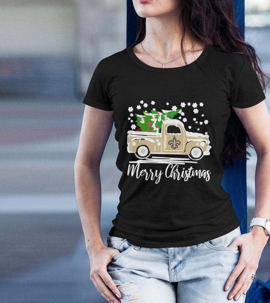 New Orleans Saints Vintage Car Merry Christmas Tree Snowflakes T-Shirt