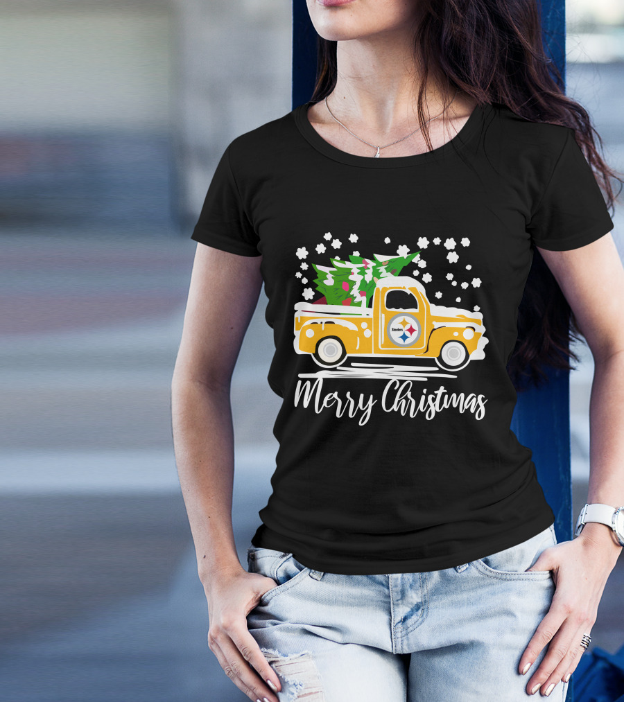 Pittsburgh Steelers Merry Christmas Vintage Car With Christmas Tree T-Shirt