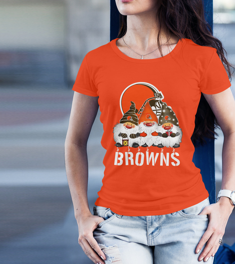 Cleveland Browns Merry Christmas Happy Holidays With Gnome Trio And Football Helmets T-Shirt