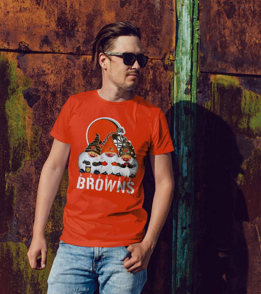 Cleveland Browns Merry Christmas Happy Holidays With Gnome Trio And Football Helmets T-Shirt