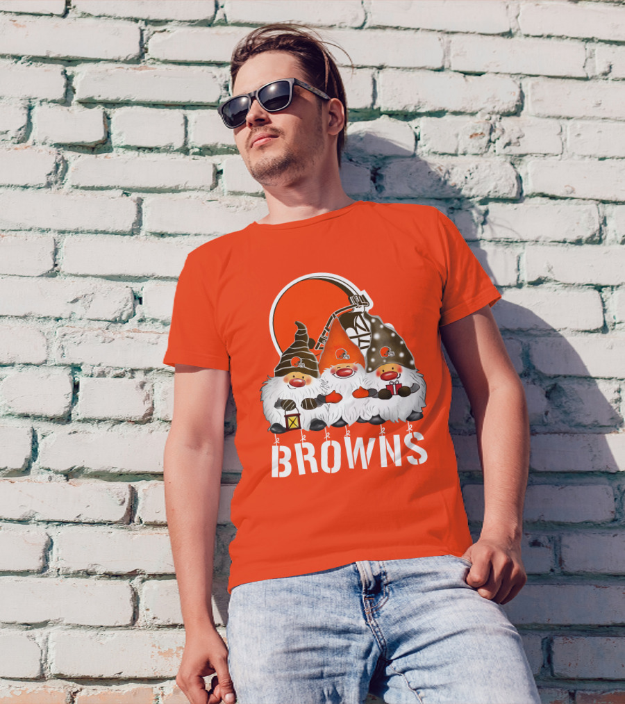 Cleveland Browns Merry Christmas Happy Holidays With Gnome Trio And Football Helmets T-Shirt