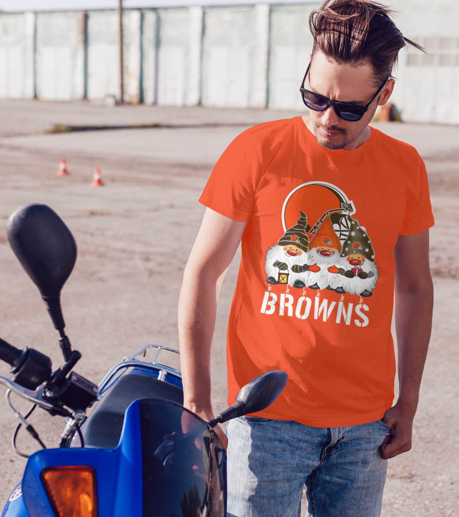 Cleveland Browns Merry Christmas Happy Holidays With Gnome Trio And Football Helmets T-Shirt