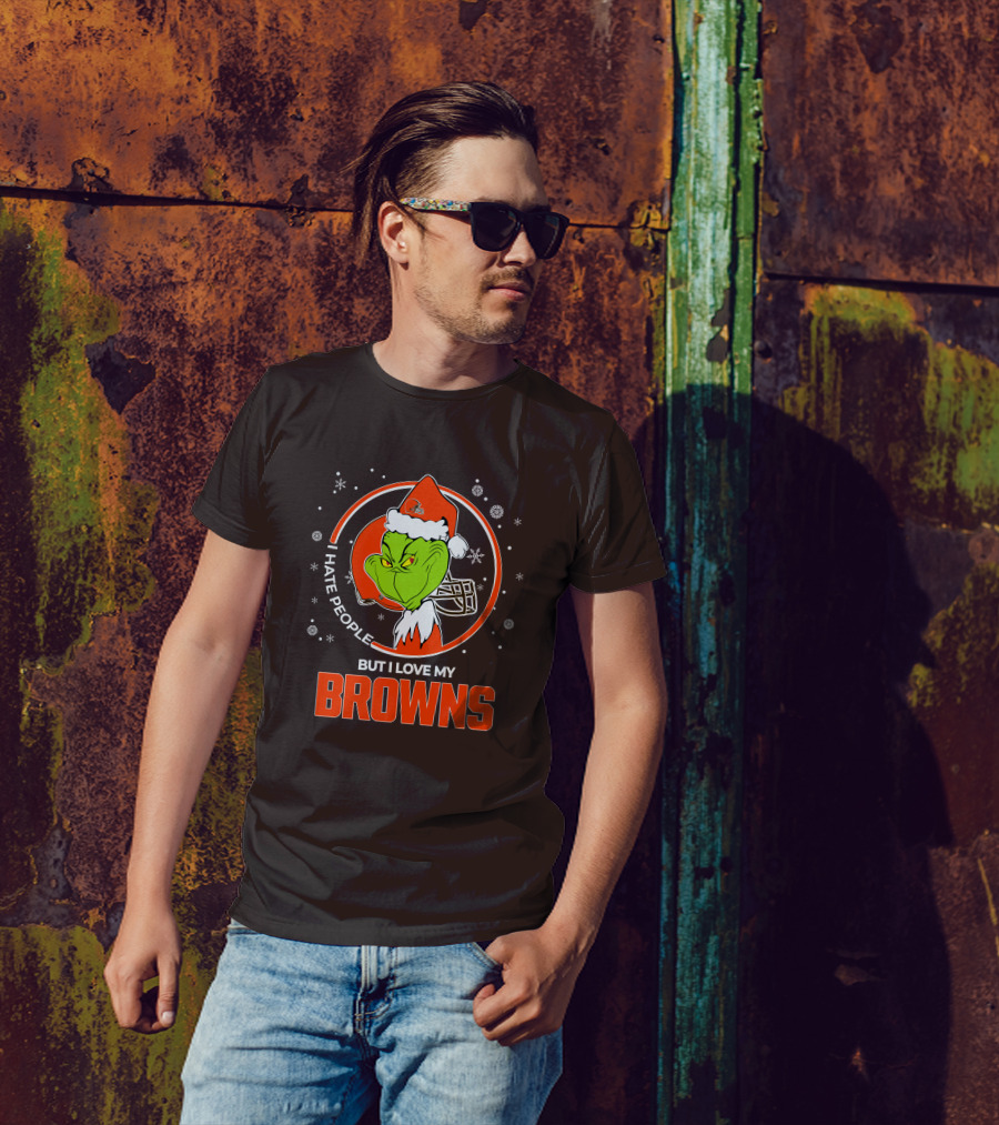 I Hate People But I Love My Cleveland Browns Grinch Santa Christmas T-Shirt
