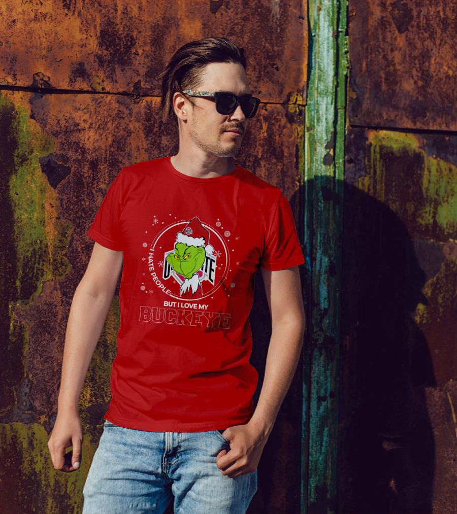 Christmas Grinch Santa I Hate People But I Love My Buckeye Ohio State T-Shirt