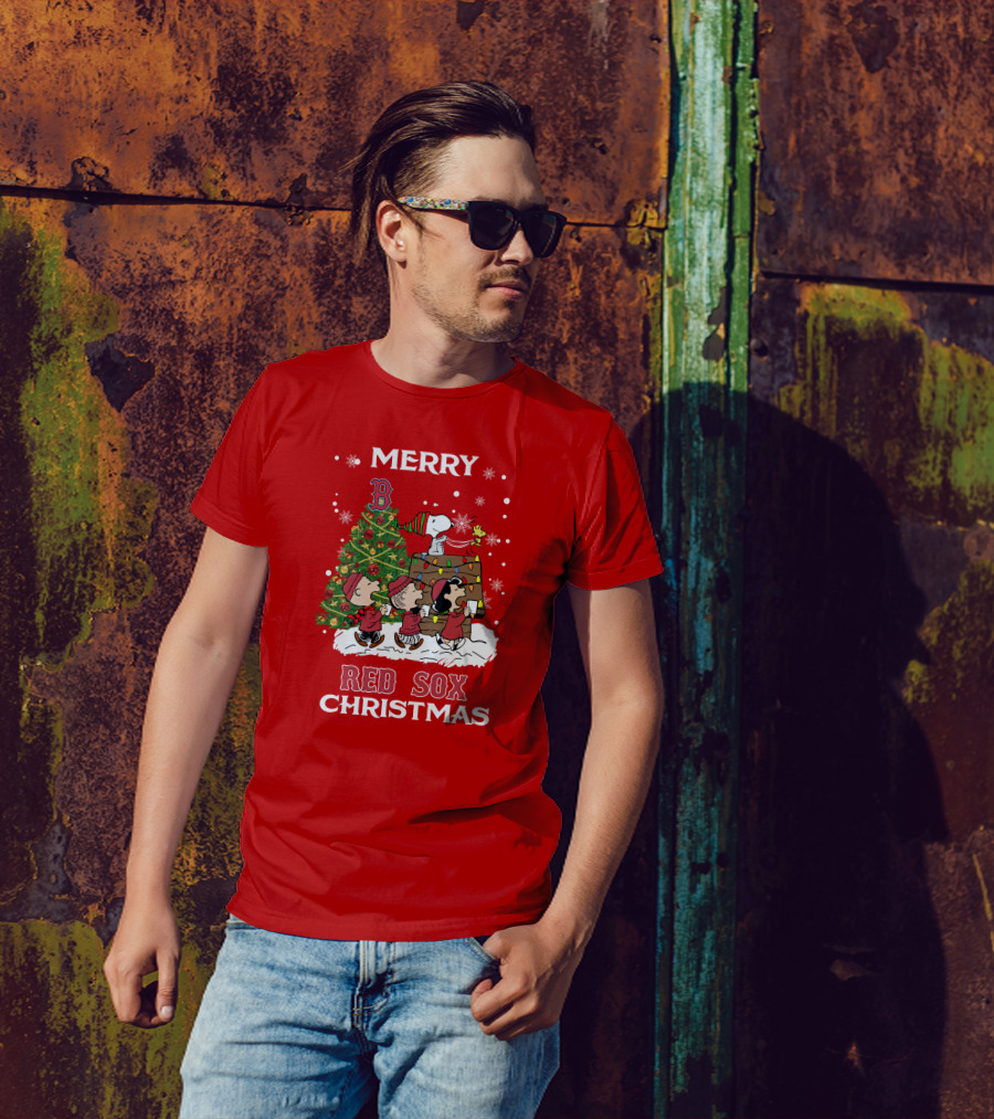 Merry Red Sox Christmas Tree With Snoopy And Friends T-Shirt