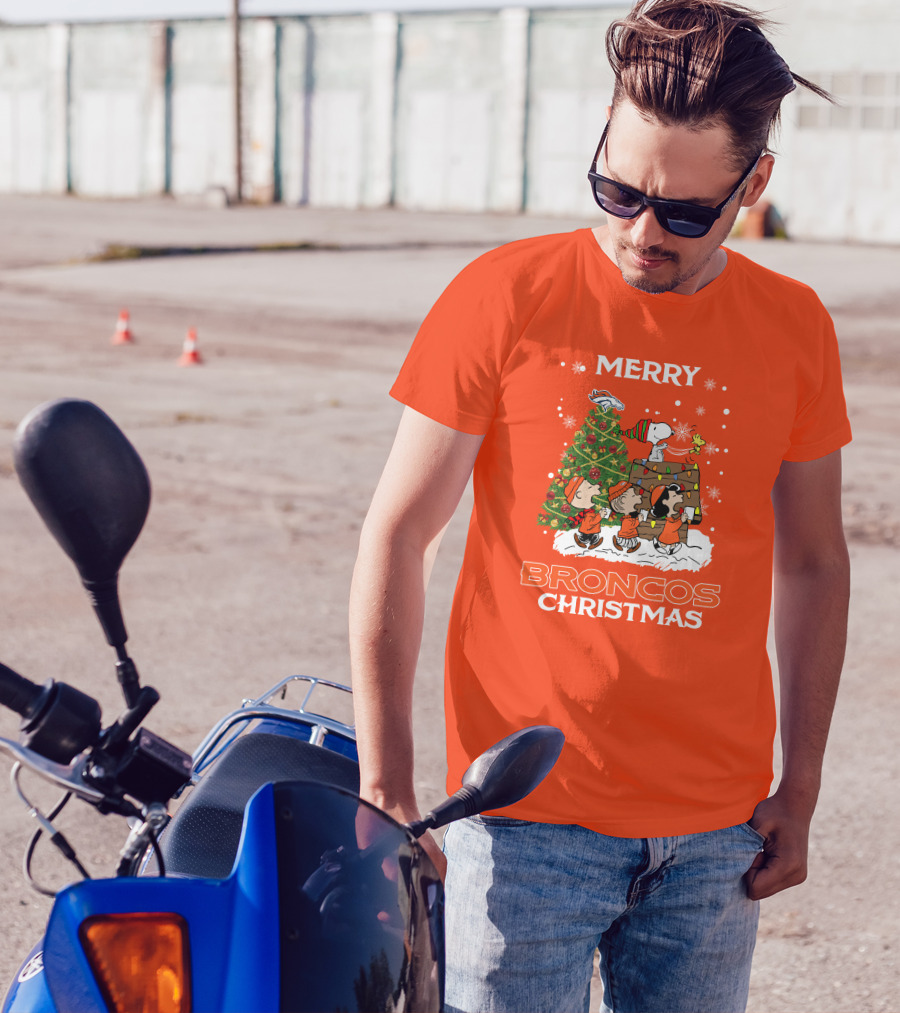Merry Broncos Christmas Peanuts Tree Theme T-Shirt
