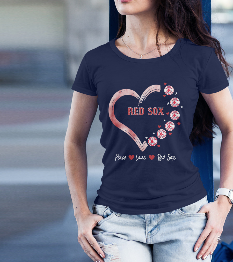Peace Love Red Sox Heart With Boston Red Sox Logos And Stars T-Shirt